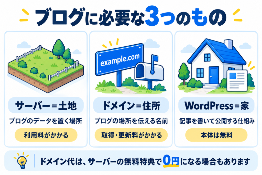 サーバーを土地、ドメインを住所、WordPressを家に例えた役割と費用の図